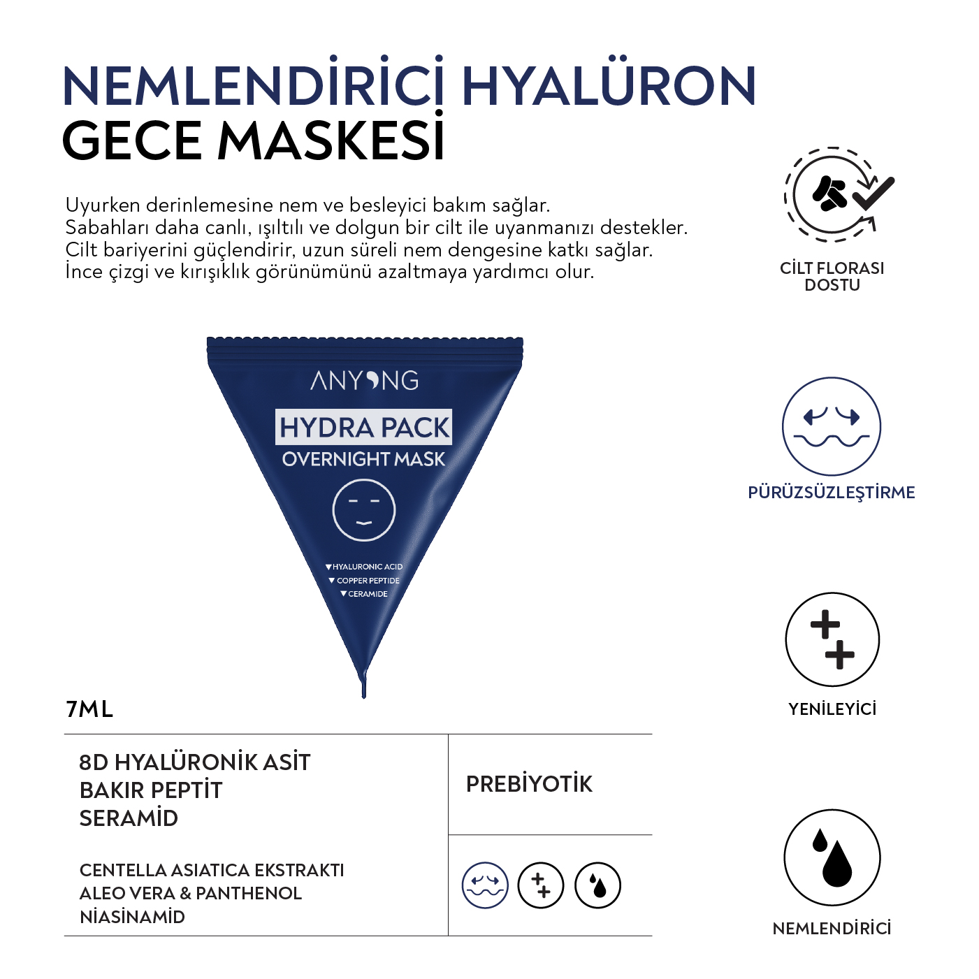 Nemlendirici Hyaluron Gece Maskesi – 8D Hyalüronik Asit, Seramid ve Bakır Peptit ile Yoğun Nem & Onarıcı Gece Bakımı 7 ml