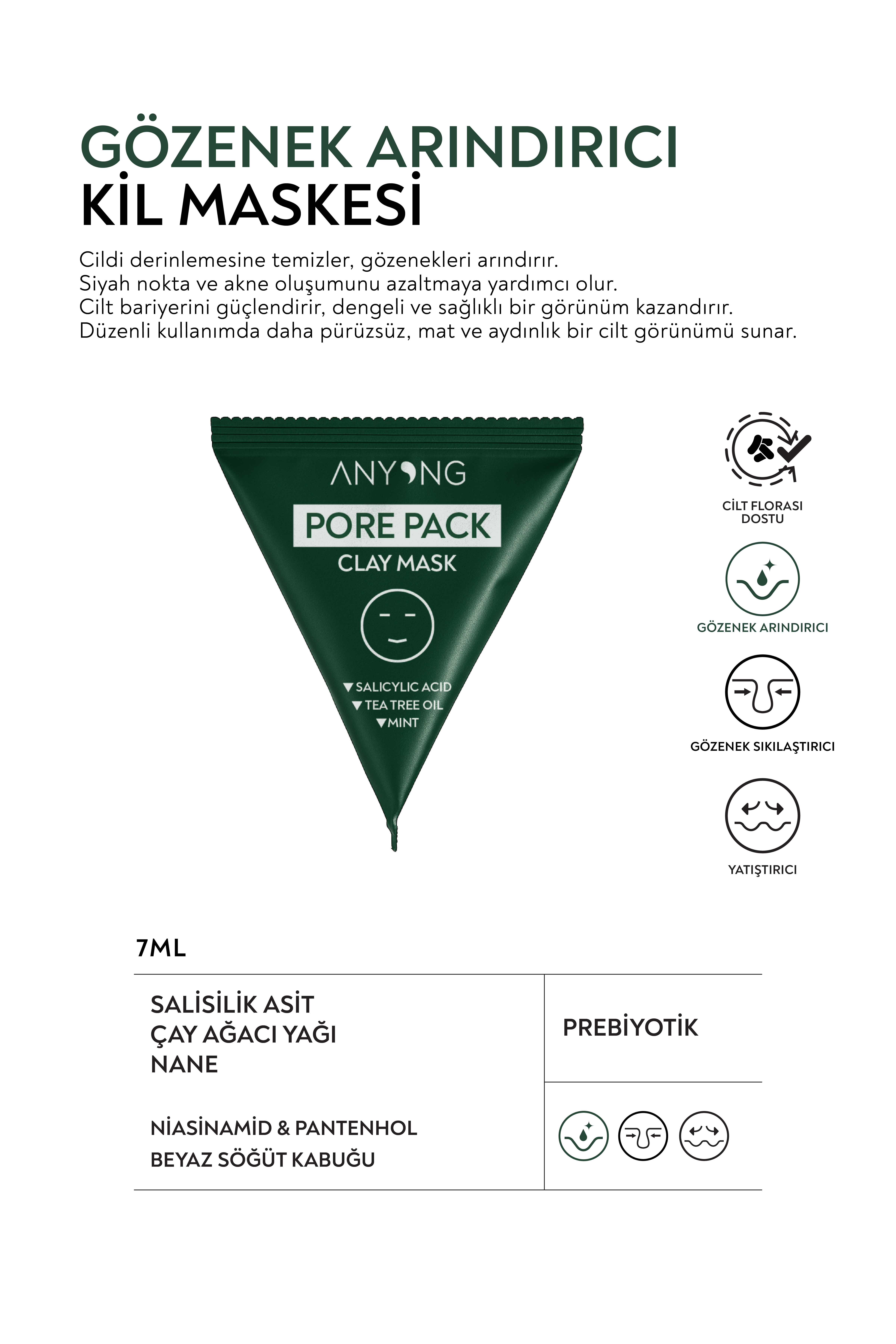 Gözenek Arındırıcı Kil Maskesi – Salisilik Asit, Çay Ağacı Yağı ve Nane Özlü 7 ml