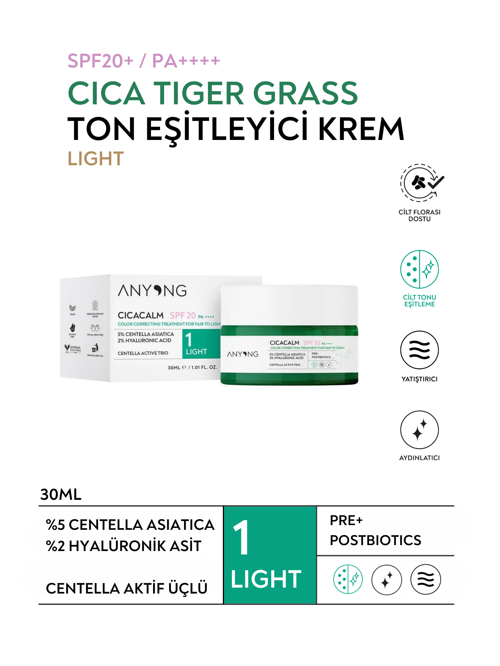 Cica Tiger Grass Ton Eşitleyici Ve Kızarıklık Karşıtı Krem Light 20 Spf