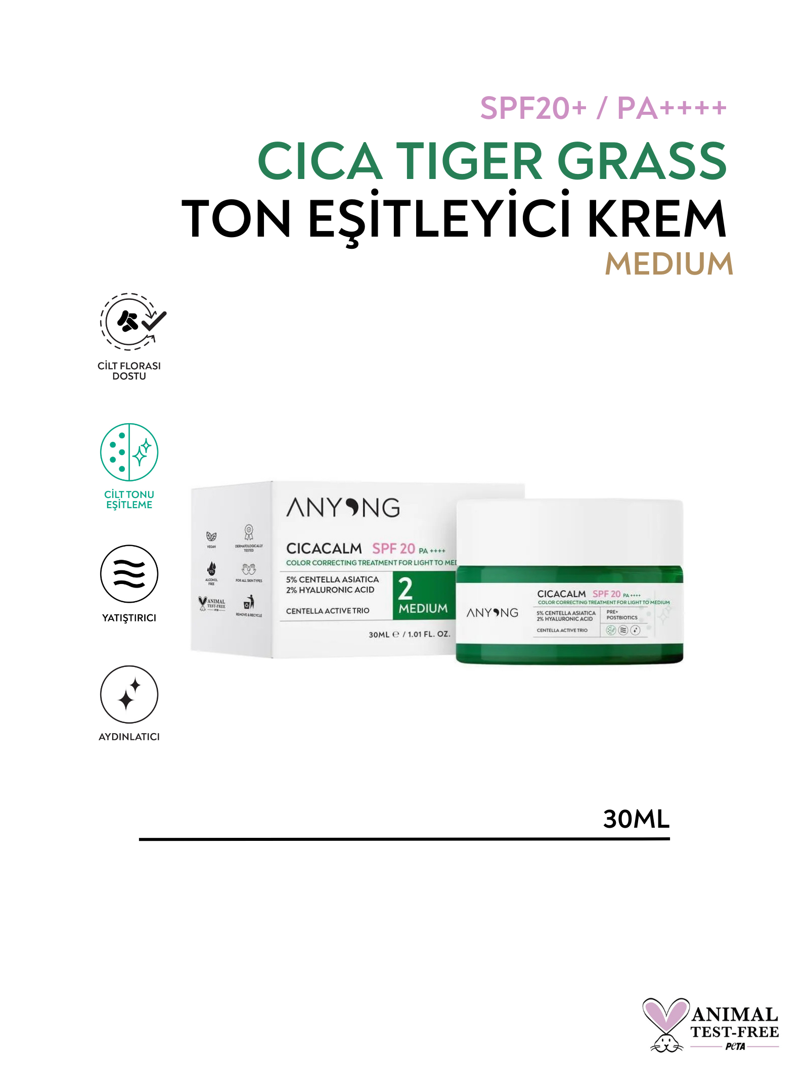 Cica Tiger Grass Ton Eşitleyici Ve Kızarıklık Karşıtı Krem Medium 20 Spf
