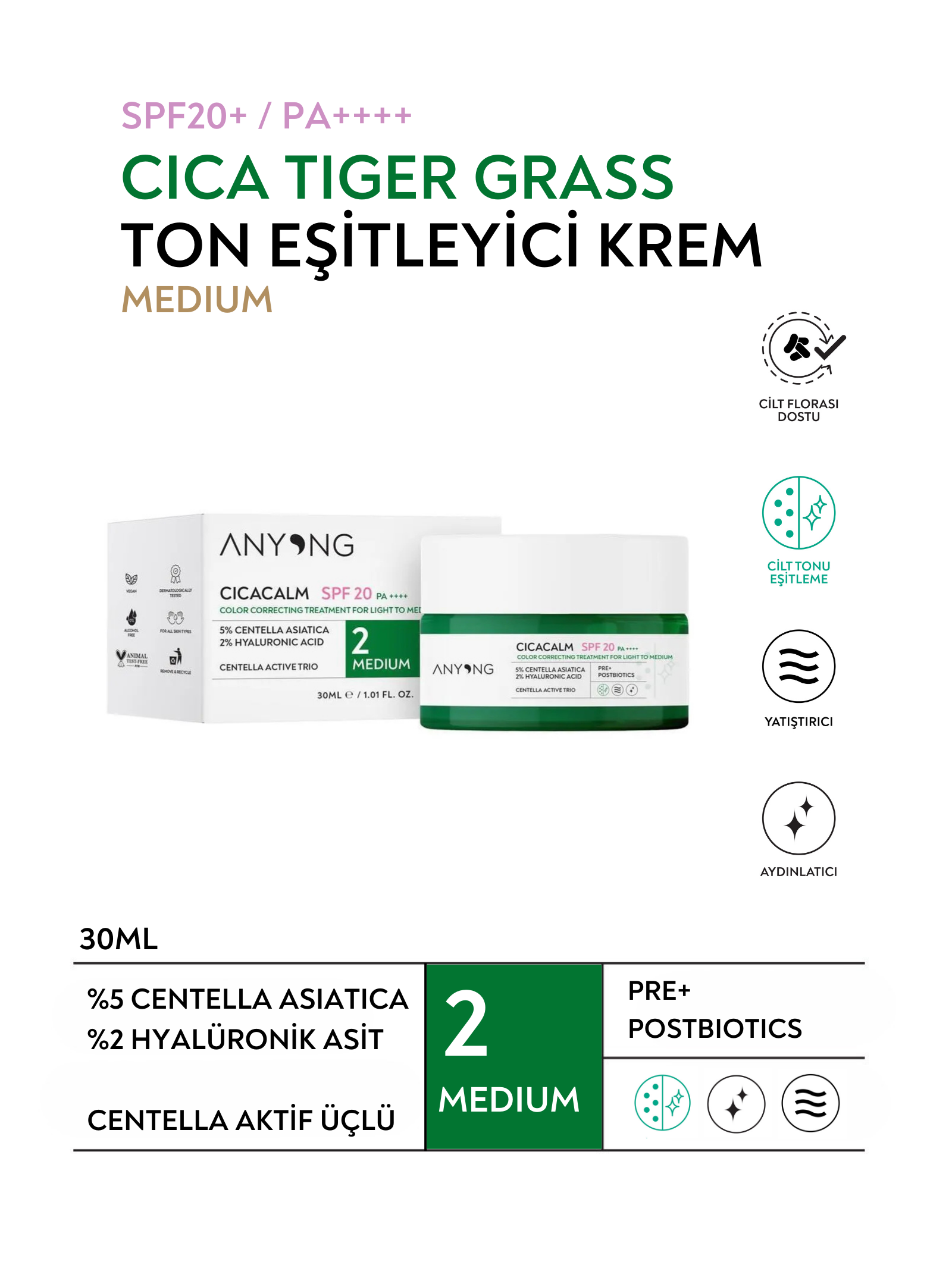 Cica Tiger Grass Ton Eşitleyici Ve Kızarıklık Karşıtı Krem Medium 20 Spf