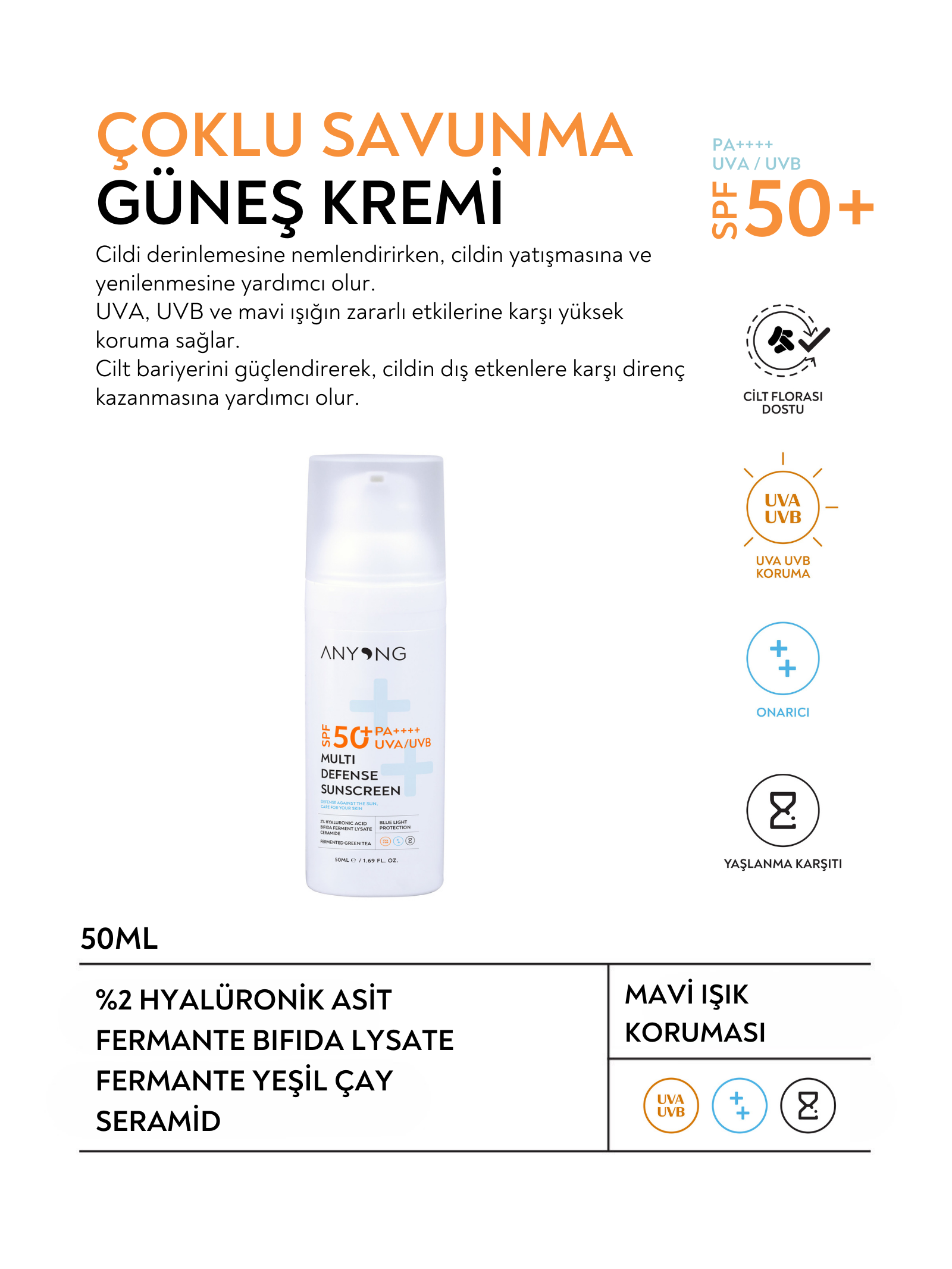 Anyong Nemlendirici ve Onarıcı Güneş Kremi – SPF 50+ - Yüz İçin - Yeni Nesil Mavi Işık Koruması