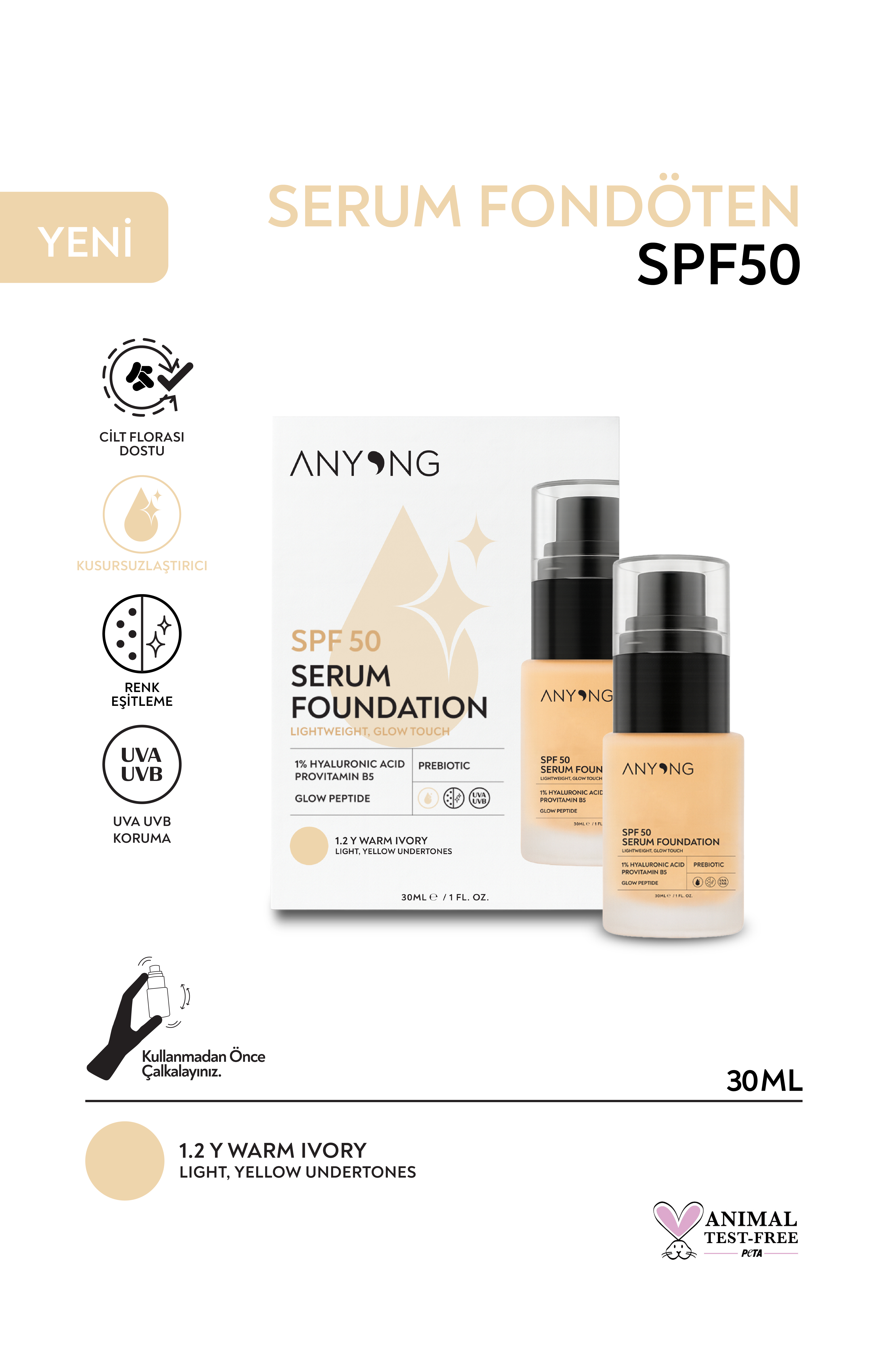 Serum Fondöten 1.2Y WARM IVORY SPF 50 | Işıltılı, Bakım Yapan ve Cilt Tonu Eşitleyen Fondöten
