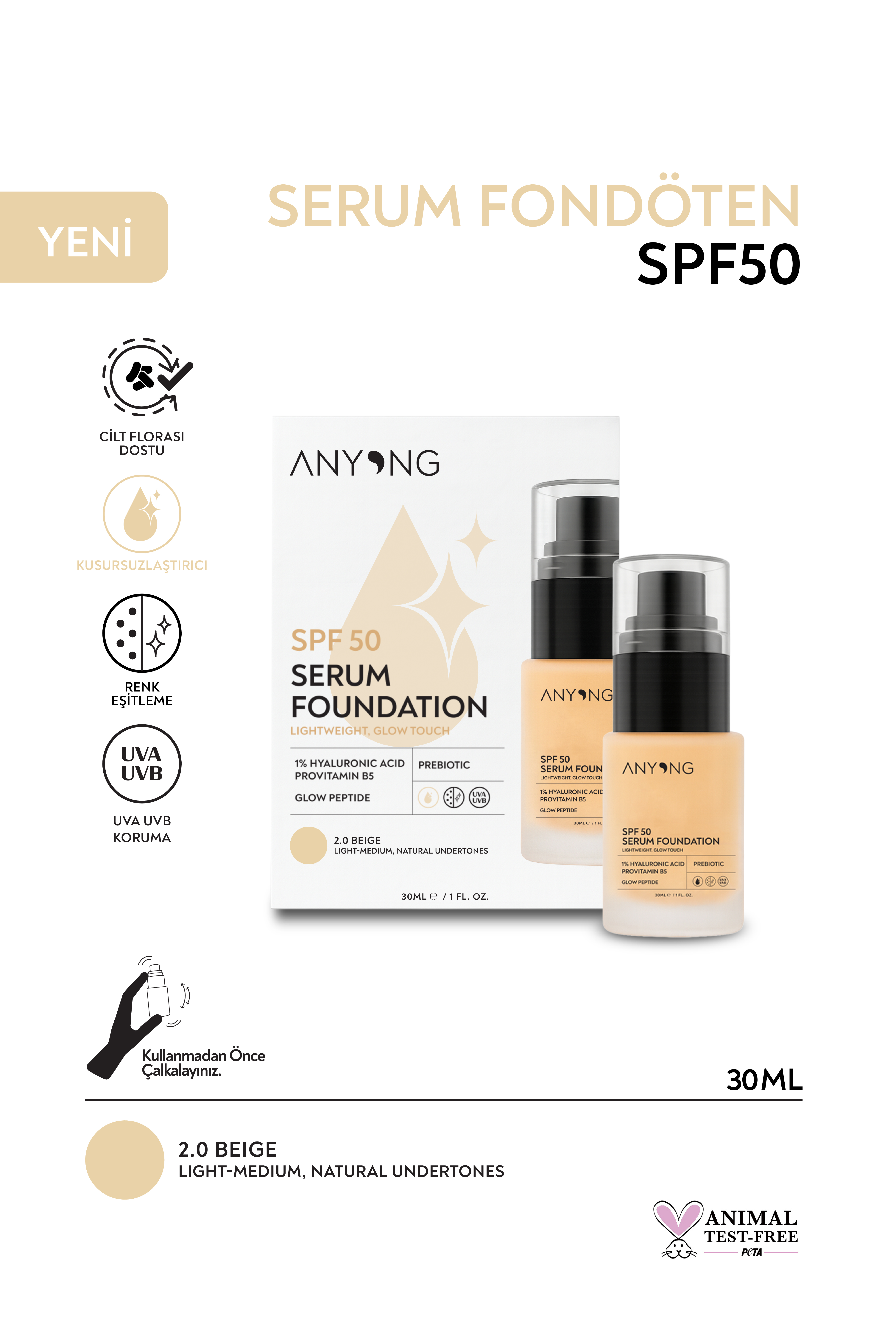 Serum Fondöten 2.0 BEIGE SPF 50| Işıltılı, Bakım Yapan ve Cilt Tonu Eşitleyen Fondöten