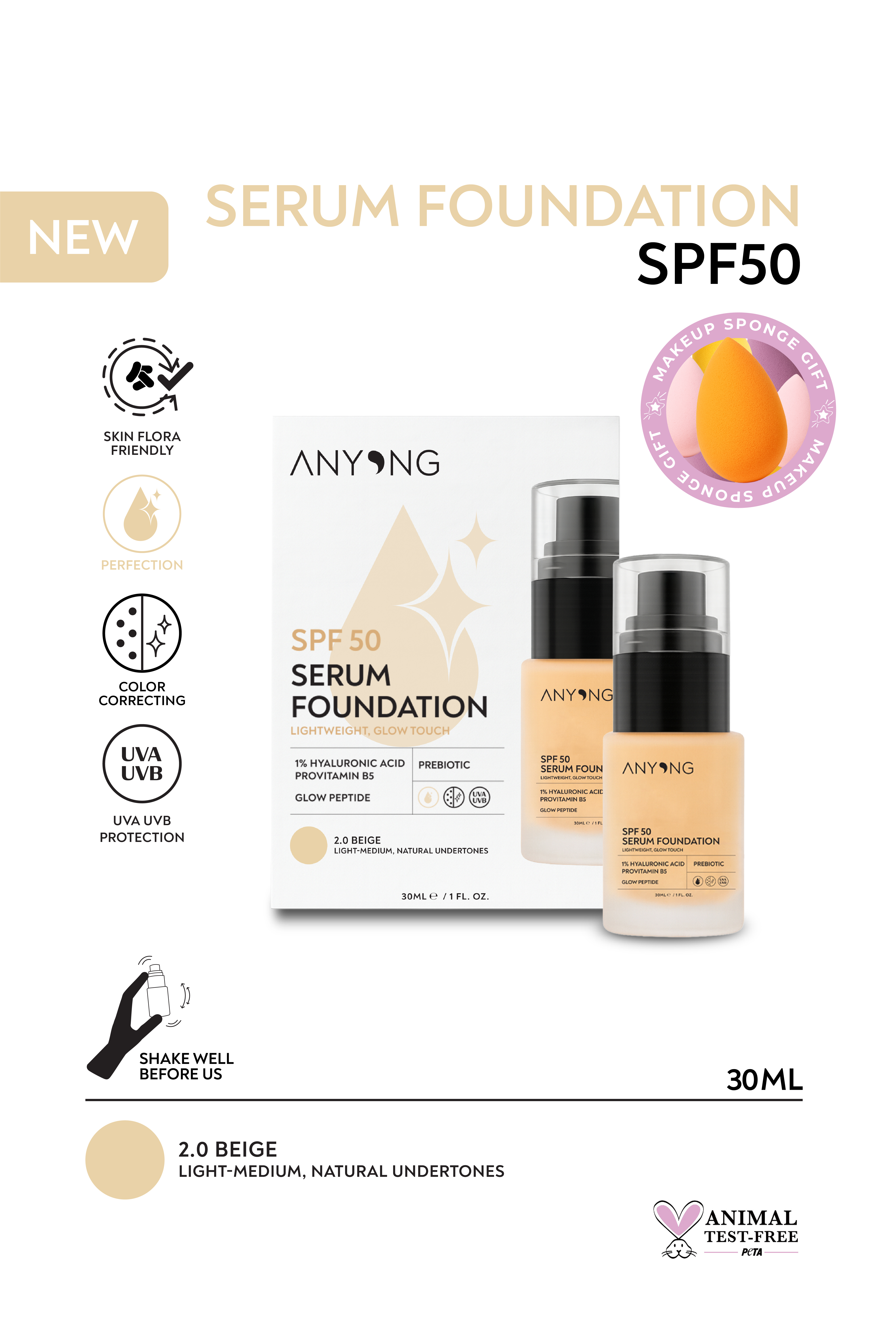 SPF 50 Serum Foundation 2.0 BEIGE | Radiant, Skincare-Infused and Tone-Equalizing Foundation